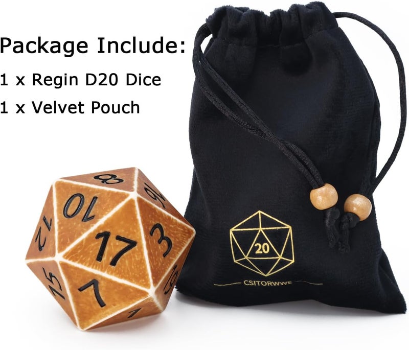 CSITORWWE Retro Style 55mm Giant D20 Dice,20 Sided Resin Dice with Velvet Pouch, Titan Polyhedral Dice for TTRPG Tabletop Gaming,Dungeon Masters,RPG Adventures(Yellow Ancient) - Image 5